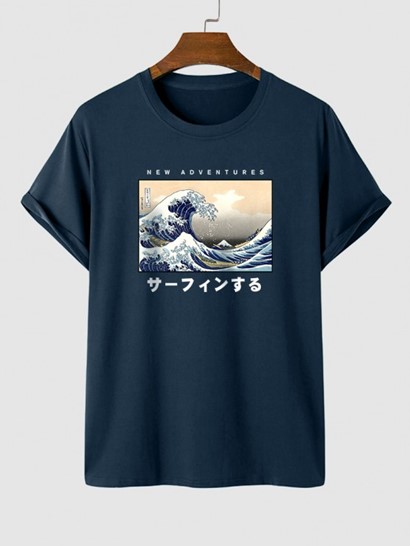 Japanese Sea Waves Pattern Short Sleeves T-shirt With Basic Casual Shorts Set - Image 2