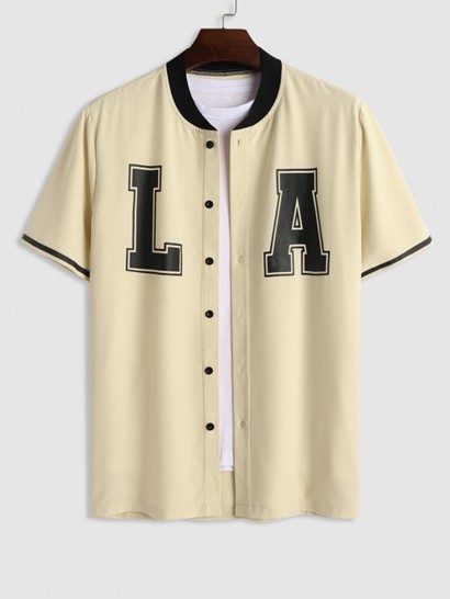 LA Print Stand Collar Short Sleeve Shirt With Drawstring Pocket Shorts Set - Image 2