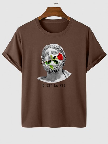 Men's Casual Sculpture Floral Rose Graphic Printed Short Sleeve T-shirt And Half And Half Two Tone C'EST LA VIE PARIS Embroidery Pocket Shorts Set - Image 2