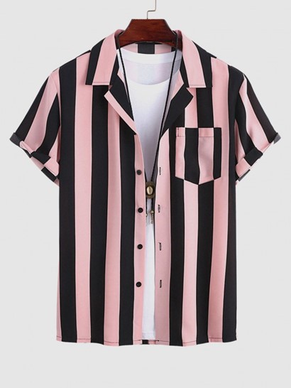 Men's Lapel Collar Short Sleeves Vertical Striped Colorblock Shirt With Basic Drawstring Shorts Set - Image 2