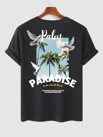 Men's Coconut Tree Letter Peace Doves Pattern Summer Vacation Short Sleeves Crew Neck T-shirt And Letter Striped Pattern Sport Sweat Shorts Set - Image 3