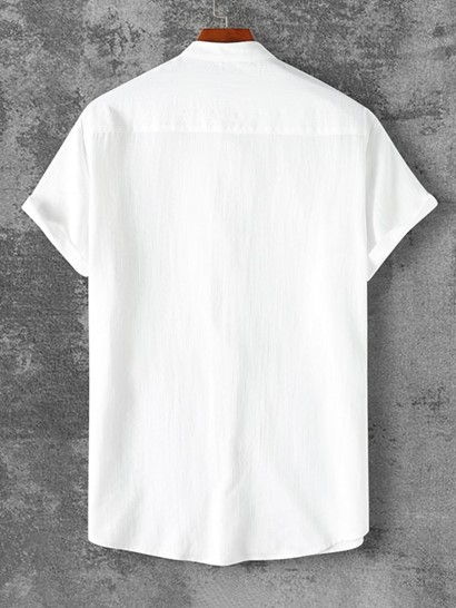 Men's Stand Collar Solid Color Buttons Short Sleeves High Low Casual Shirt And Cotton And Linen Textured Cuffed Shorts Set - Image 3