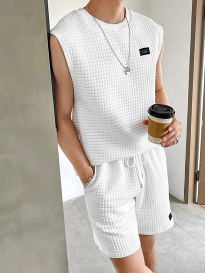 Solid Color Textured Tank Top And Shorts Sports Set - Image 3