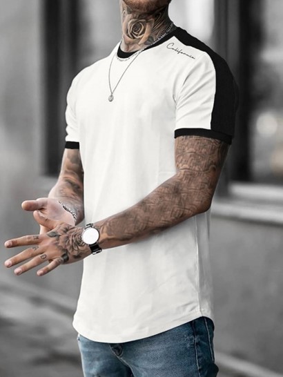 Men's Colorblock California Letter Pattern Short Sleeves T-shirt And Basic Casual Shorts Set - Image 3