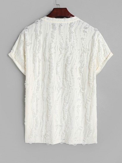 Men's Casual Party Short Sleeves See Through Distressed Textured Summer T Shirt And Basic Cotton And Linen Drawstring Shorts Set - Image 3