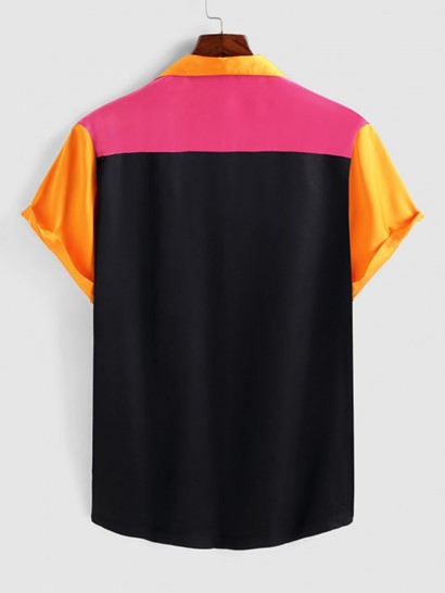 Colorblock Satin Pocket Shirt And Flap Pocket Drawstring Cargo Pants Set - Image 3