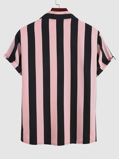 Men's Lapel Collar Short Sleeves Vertical Striped Colorblock Shirt With Basic Drawstring Shorts Set - Image 3