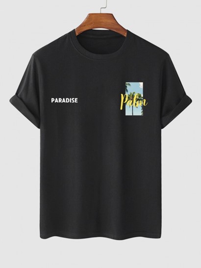 Men's Coconut Tree Letter Peace Doves Pattern Summer Vacation Short Sleeves Crew Neck T-shirt And Letter Striped Pattern Sport Sweat Shorts Set - Image 4