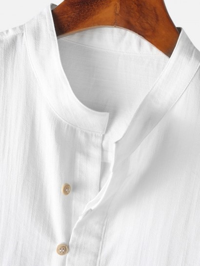 Men's Stand Collar Solid Color Buttons Short Sleeves High Low Casual Shirt And Cotton And Linen Textured Cuffed Shorts Set - Image 4