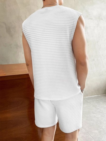Solid Color Textured Tank Top And Shorts Sports Set - Image 4
