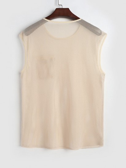 Sexy Sheer Openwork Mesh Two Piece Set Flap Pocket Tank Top With Lined Drawstring Shorts - Image 4